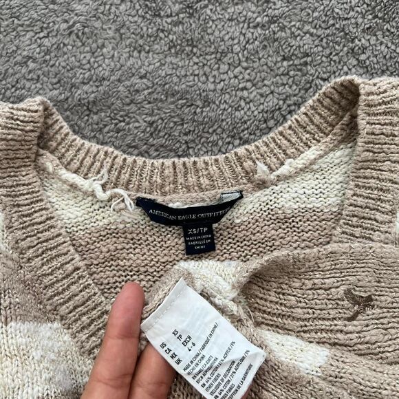 american eagle striped sweater beige cream knit v neck - Picture 4 of 7